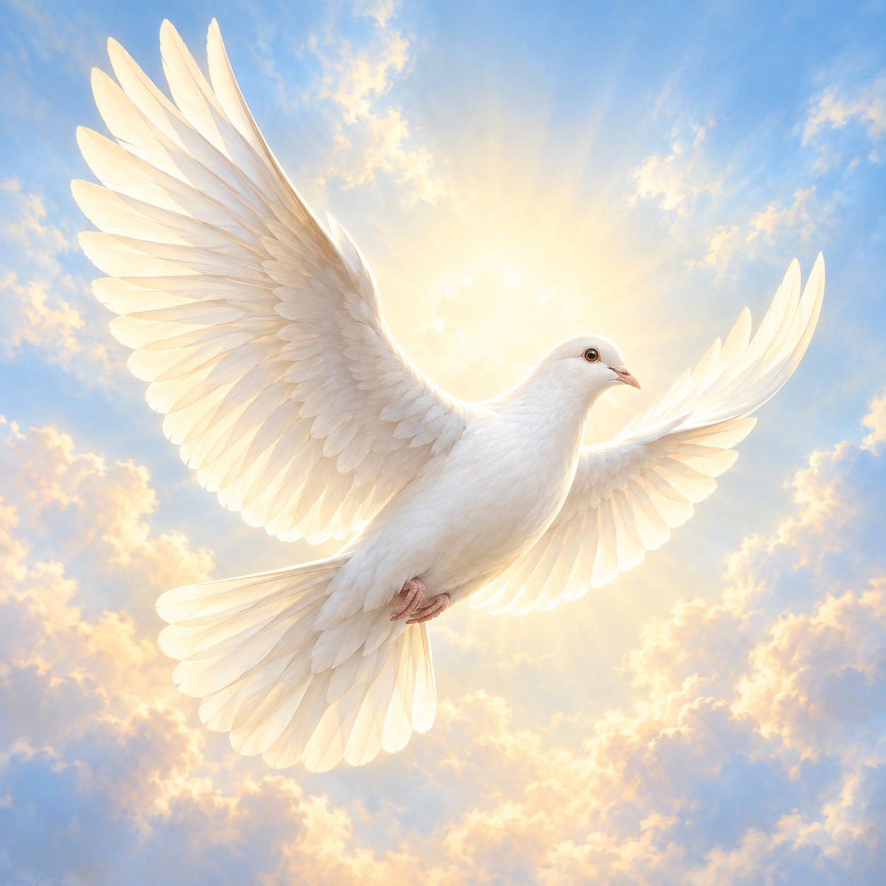 White dove in flight against a warm pastel sky